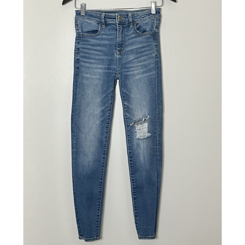 American Eagle Jeans Women's 4S Blue Hi Rise Jegging Distressed Stretch Whimsy - Picture 2 of 7
